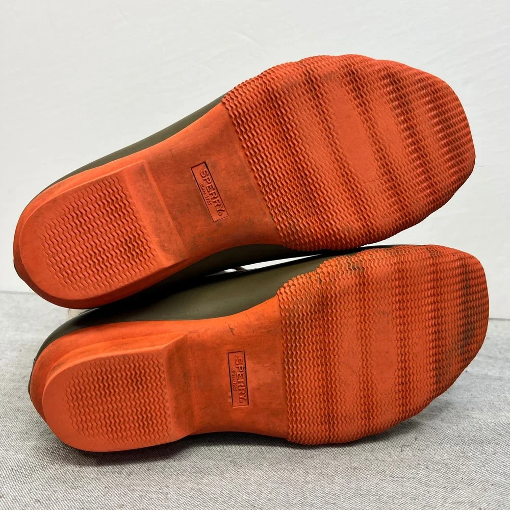 Sperry Saltwater Duck Boots Olive Green Oatmeal Canvas Orange Sole Womens 7.5